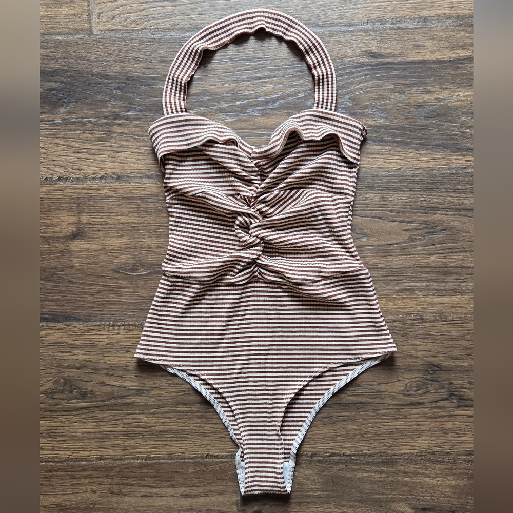 Reformation Brown and Cream Striped Halter Bodysuit Sz M